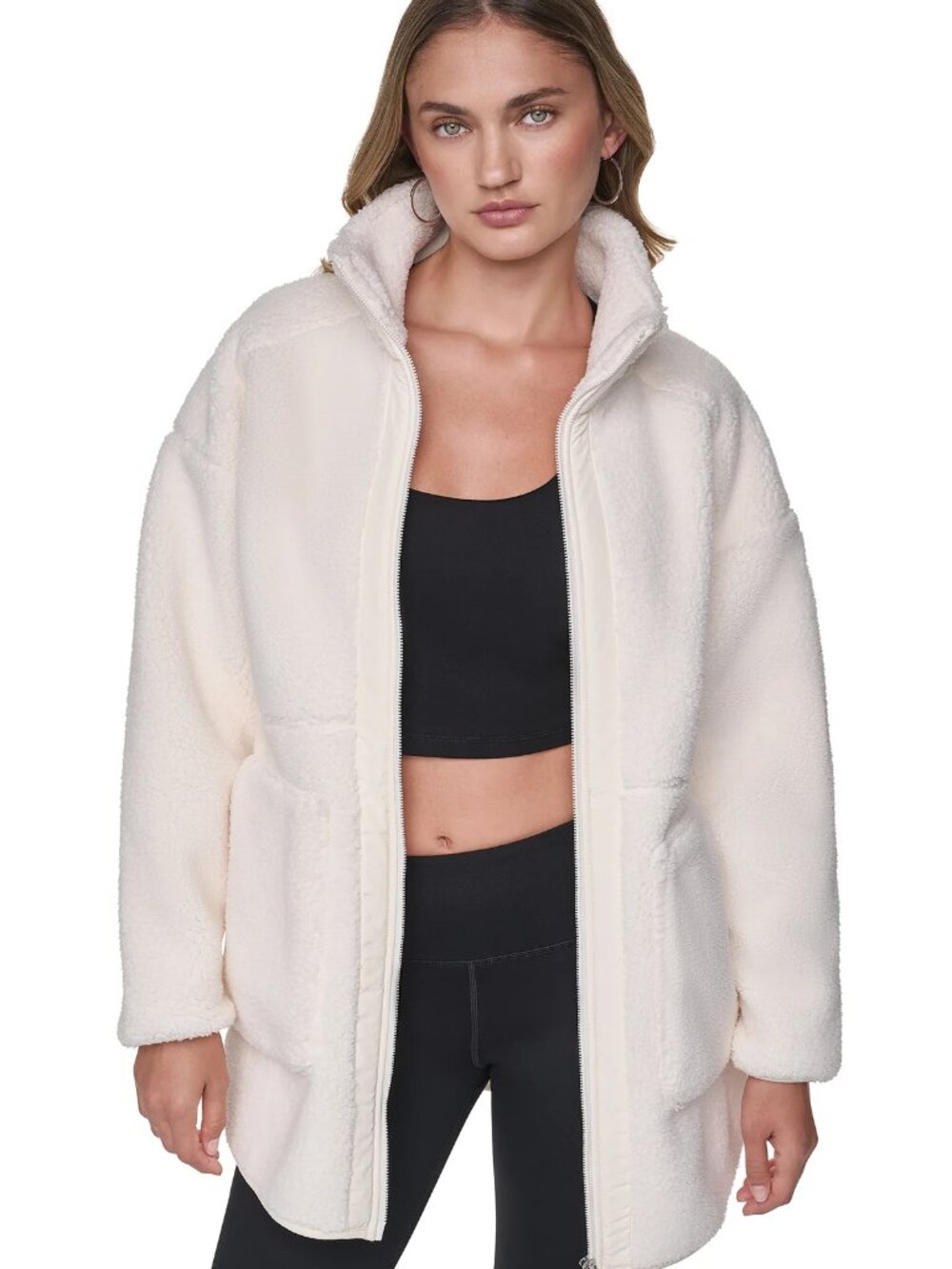 NEW DKNY Performance Sport Long Sherpa Jacket with Stand Collar (Beige Size Sm)